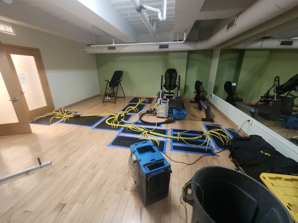 Commercial building mitigation setup with floor-drying mats, hoses, air movers, and drying equipment in a fitness room