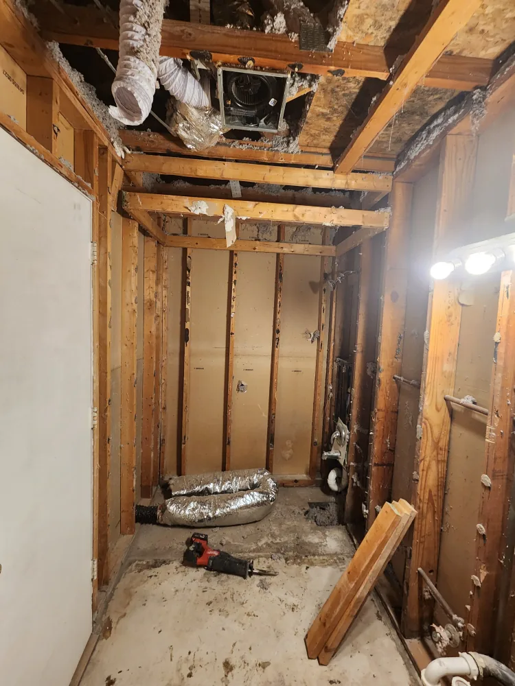 Bathroom during demolition with exposed wall studs, ceiling framing, ductwork, plumbing, and subfloor